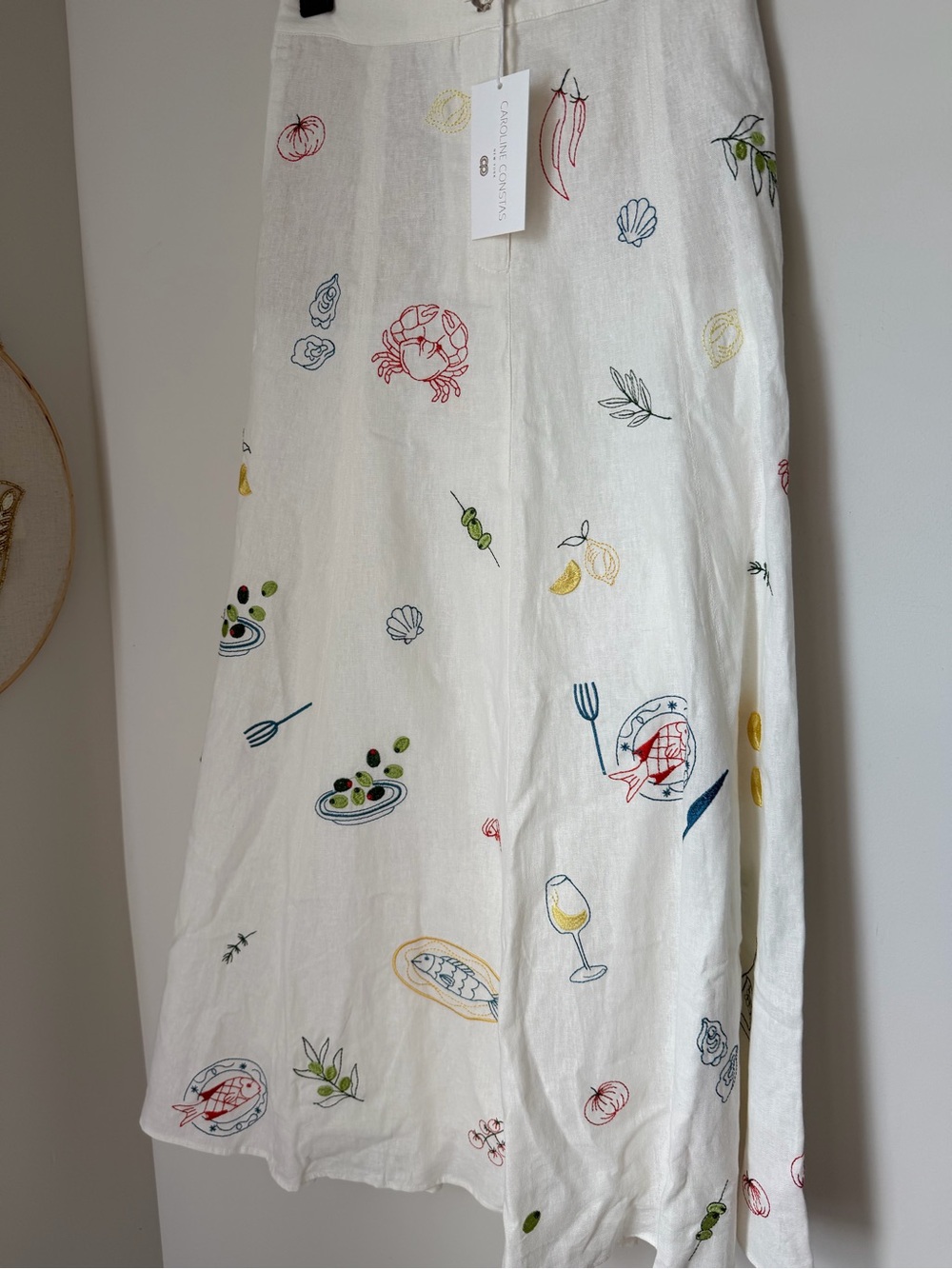 Caroline Constas Cream olive coastal food embroidered linen Maxi Skirt